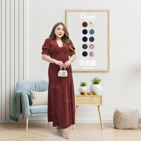 Ommishop ชุดราตรี 1965V-PS แขนสั้นคอปกจีบโบว์อก ผ้า Glitter เดรสออกงาน ชุดงานแต่ง เพื่อนเจ้าสาว ส...