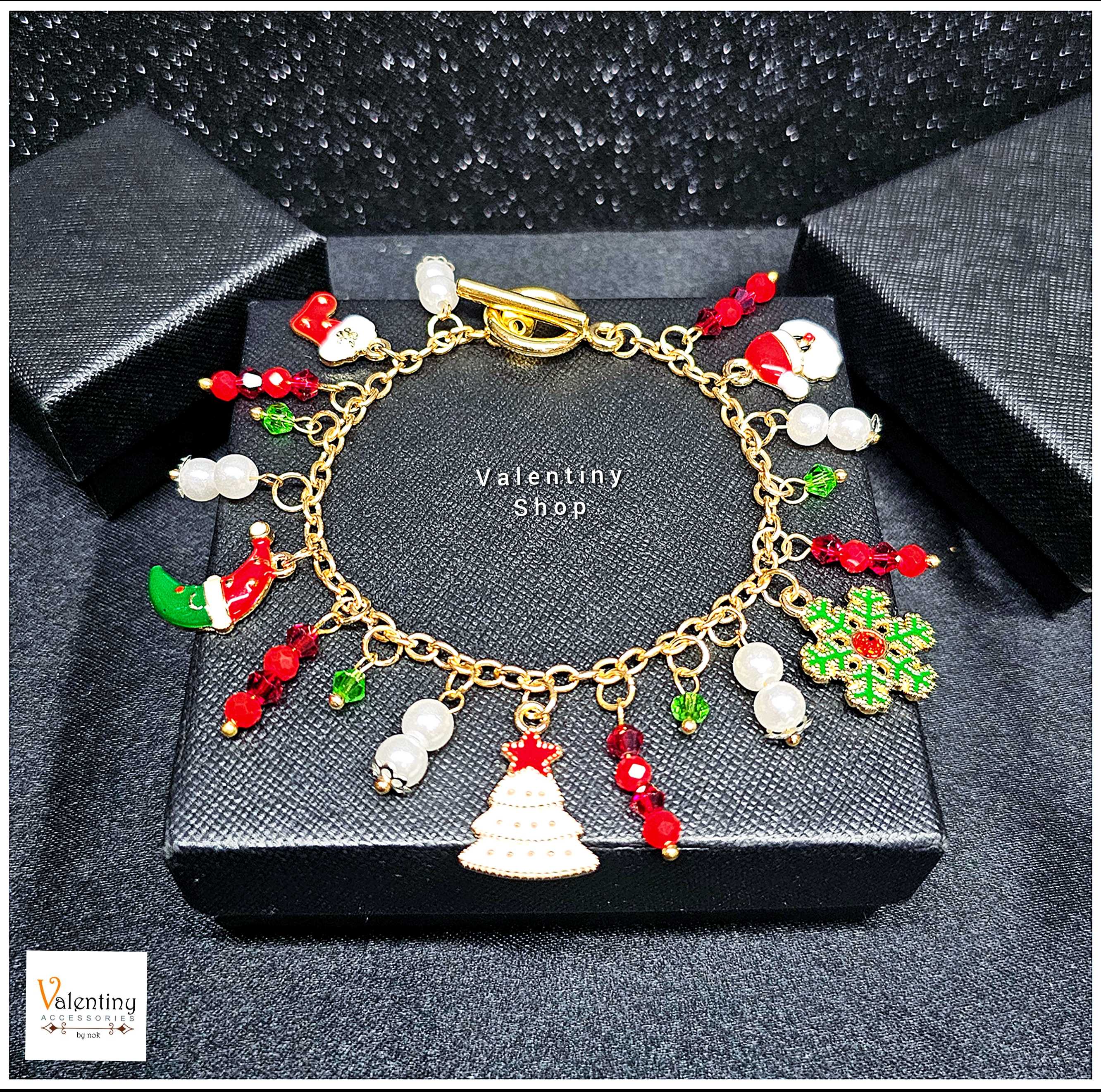 ERN098 สร้อยข้อมือ คอลเล็กชั่นคริสต์มาสงานสร้อยสีทองห้อยอะไหล่คริสต์มาสติดเพชรตุ้งติ้งรอบตัวเรือน