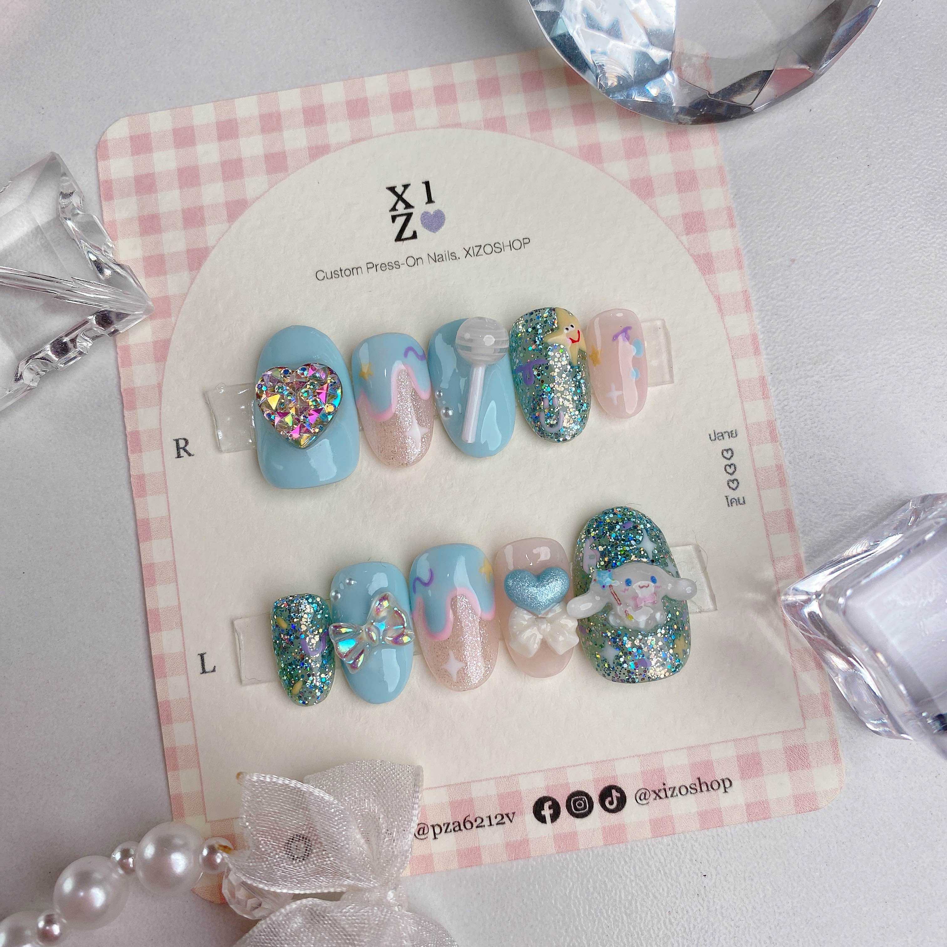 ไซส์ S เล็บปลอม สีเจล พร้อมส่ง Cinnamaroll สีฟ้า ติดอะไหล่ ซานริโอ้