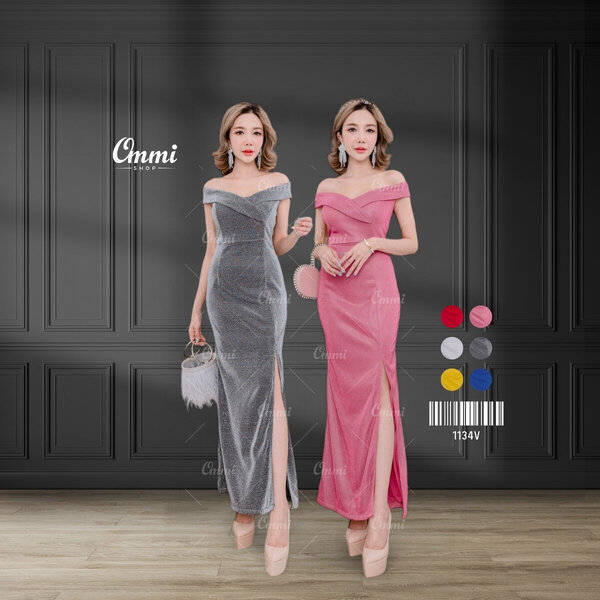 Ommishop ชุดราตรี 1134V ปาดวีนก ผ้าวิ้งเพชร เดรสออกงาน ชุดงานแต่ง เพื่อนเจ้าสาว