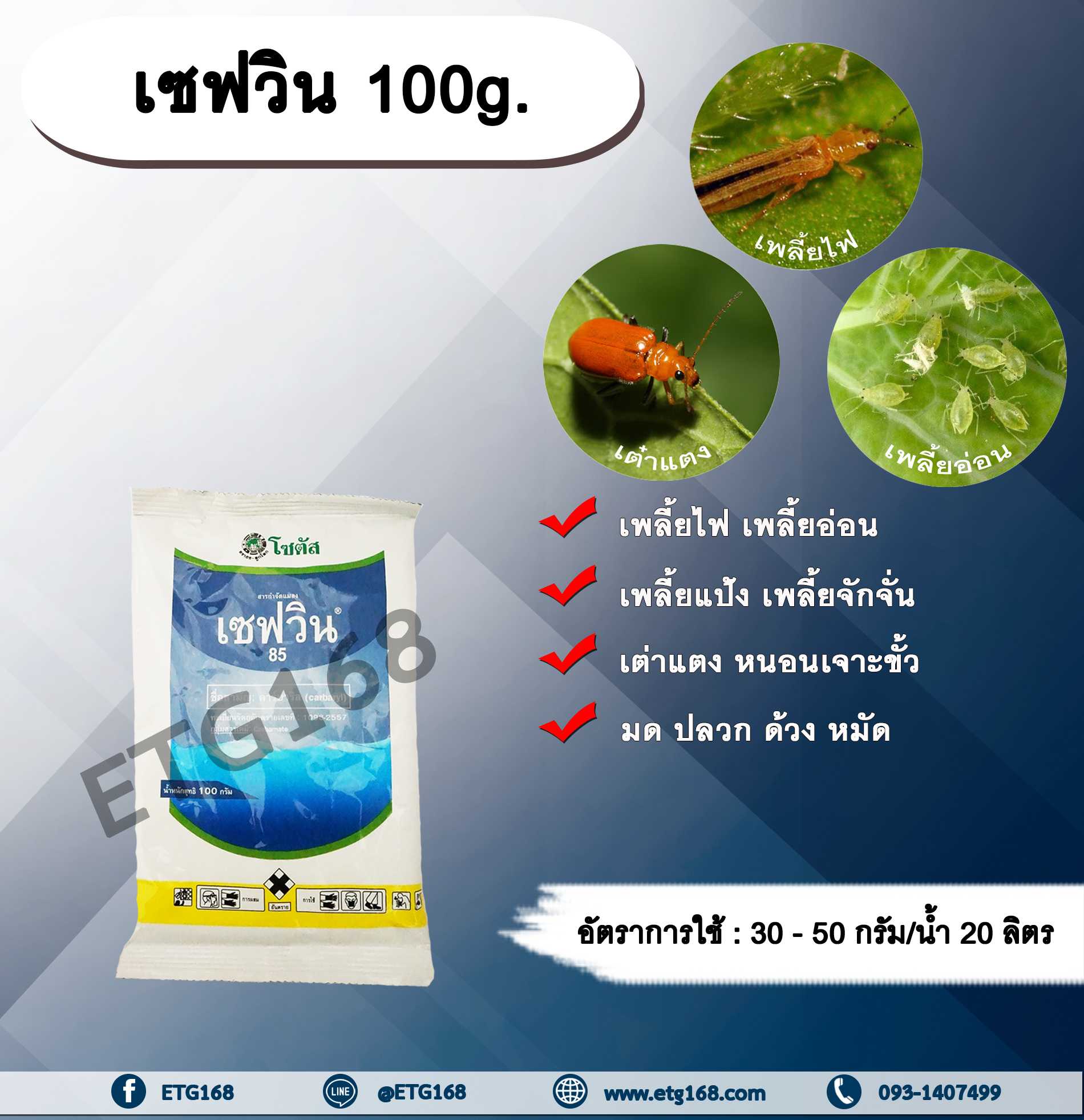 เซฟวิน 100g. คาร์บาริล สารกำจัดแมลง เพลี้ยไฟ เพลี้ยอ่อน เพลี้ยแป้ง เต่าแตง หนอนเจาะ มด