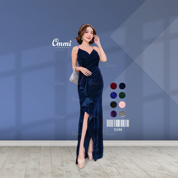 Ommishop ชุดราตรี 1234K สายเดี่ยวไขว้อก กำมะหยี่ เดรสออกงาน ชุดงานแต่ง เพื่อนเจ้าสาว