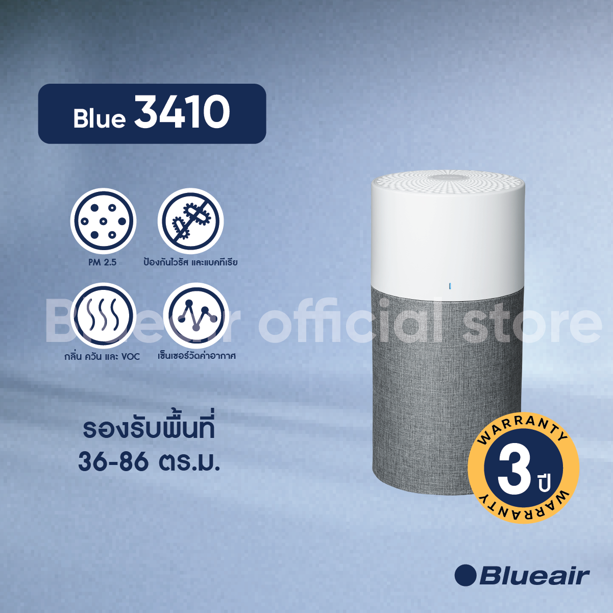 Blueair เครื่องฟอกอากาศ รุ่น Blue 3410 ขนาดพื้นที่ 36 ตร.ม. รับประกัน 3 ปี