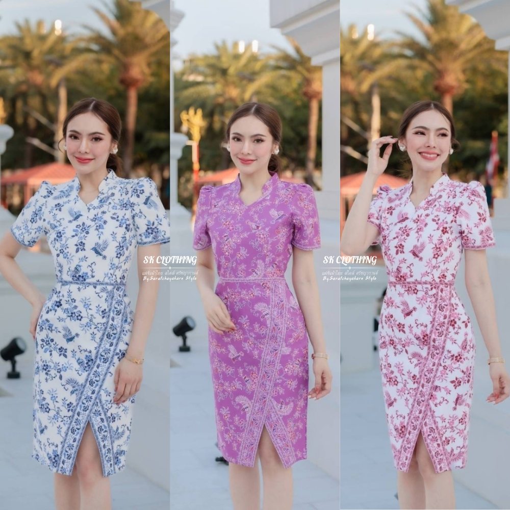 ชุดเดรสผ้า cotton  คอจีน ผ่าหน้า พิมพ์ลายปาเต๊ะ ลายวิหคเกาะกิ่งเหมย ซิปซ่อนหลัง อัดกาวทั้งชุด