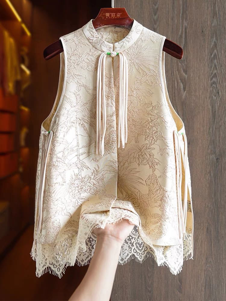 พร้อมส่ง ASAYA-3712 Brocade Lace Embroidered Sleeveless Top (M)
