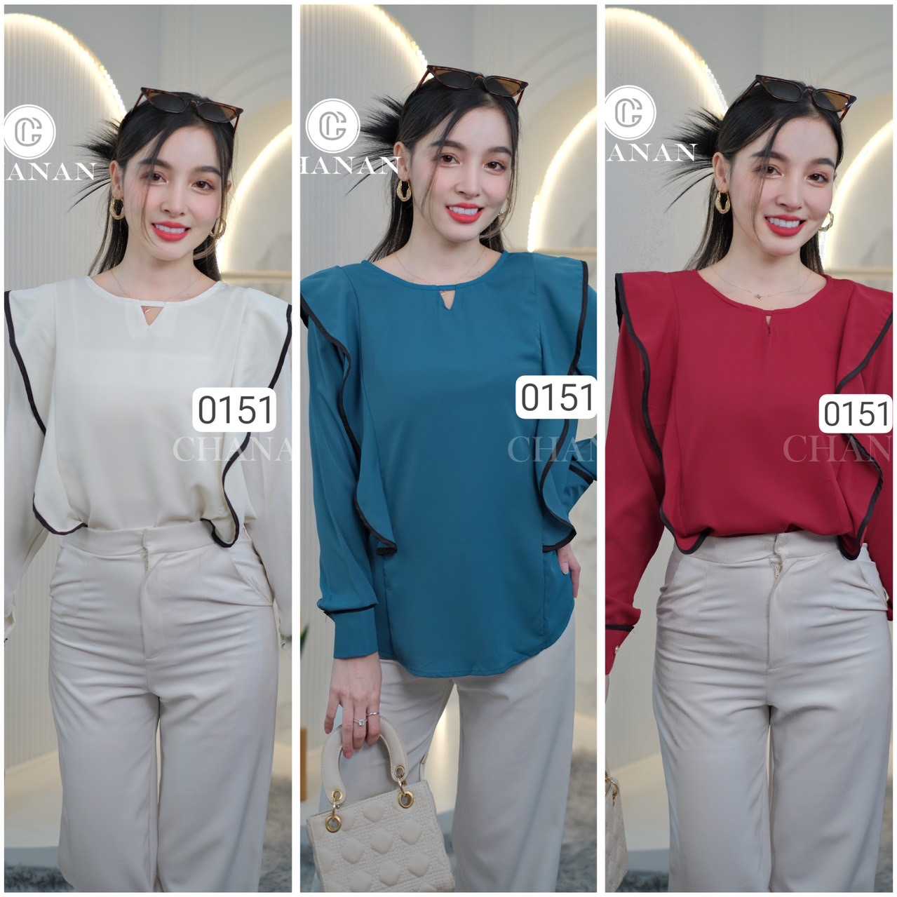 0151 เสื้อผ้าชีฟอง แต่งระบายสวยมาก ทรงสวย ใส่สบาย มี 3 สี