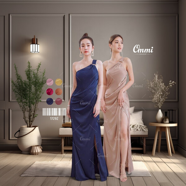 Ommishop ชุดราตรี 1729Z ไหล่เดียว เข็มขัดไข่มุก ผ้าซาร่าเงา เดรสออกงาน ชุดงานแต่ง เพื่อนเจ้าสาว