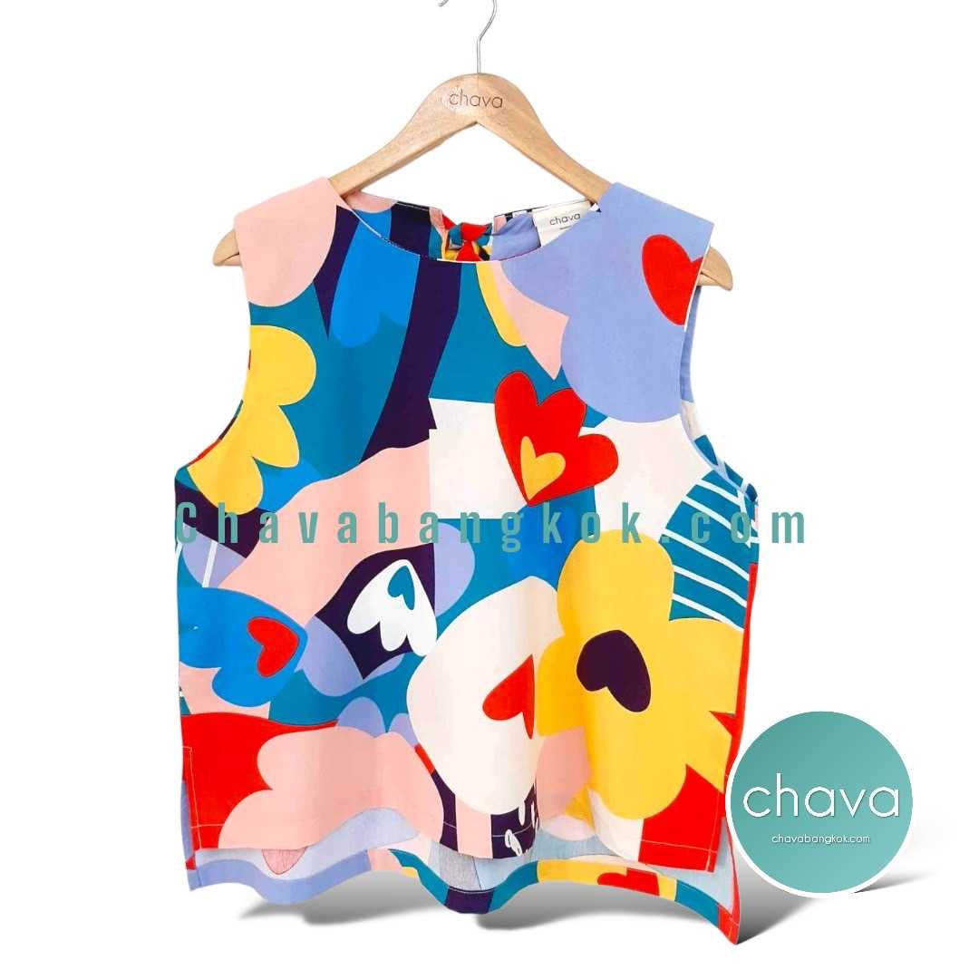 NEW!! เสื้อ Top / BLOUSE เสื้อคอกลม  แขนกุด ลายกราฟฟิตหัวใจ หลากสี มีกระดุมหลัง