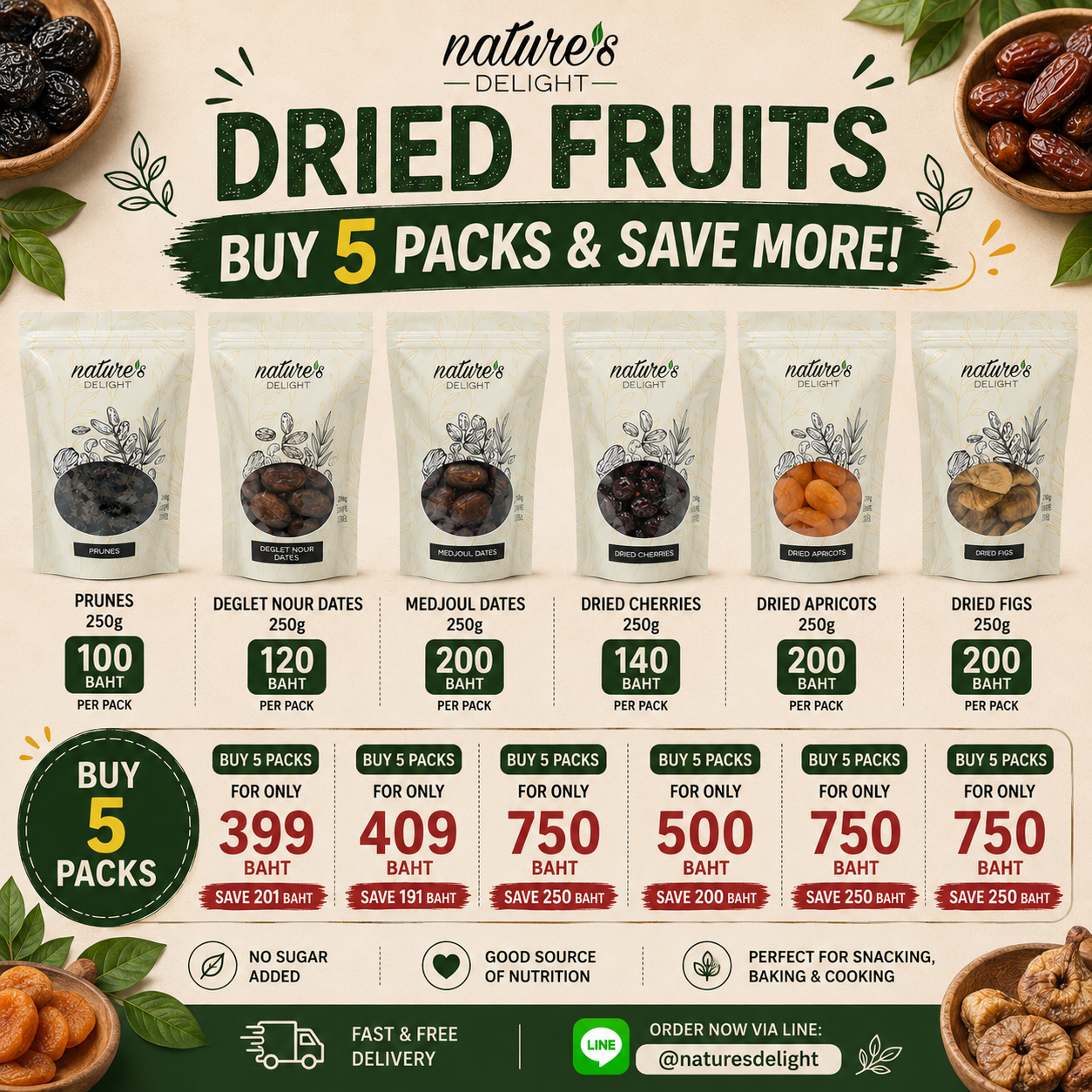 Dried Fruits Buy 5 Packs & Save more -ผลไม้แห้งซื้อ 5 แพ็ค(1เซ็ต)ประหยัดกว่า