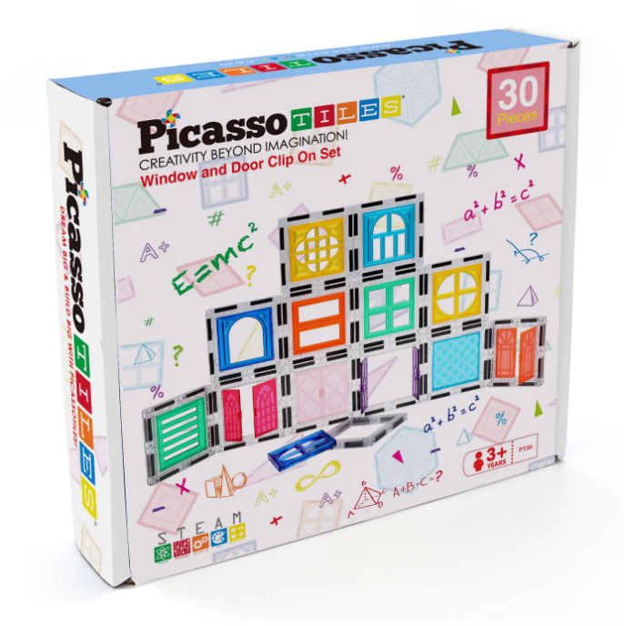 PicassoTiles Magnetic Tile Construction Kit with Swappable Clip-Ons - 30 Pc