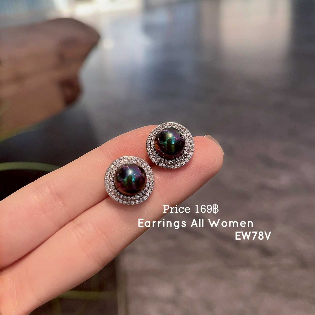 EW78V ต่างหูมุกสีเทา  เงิน 925