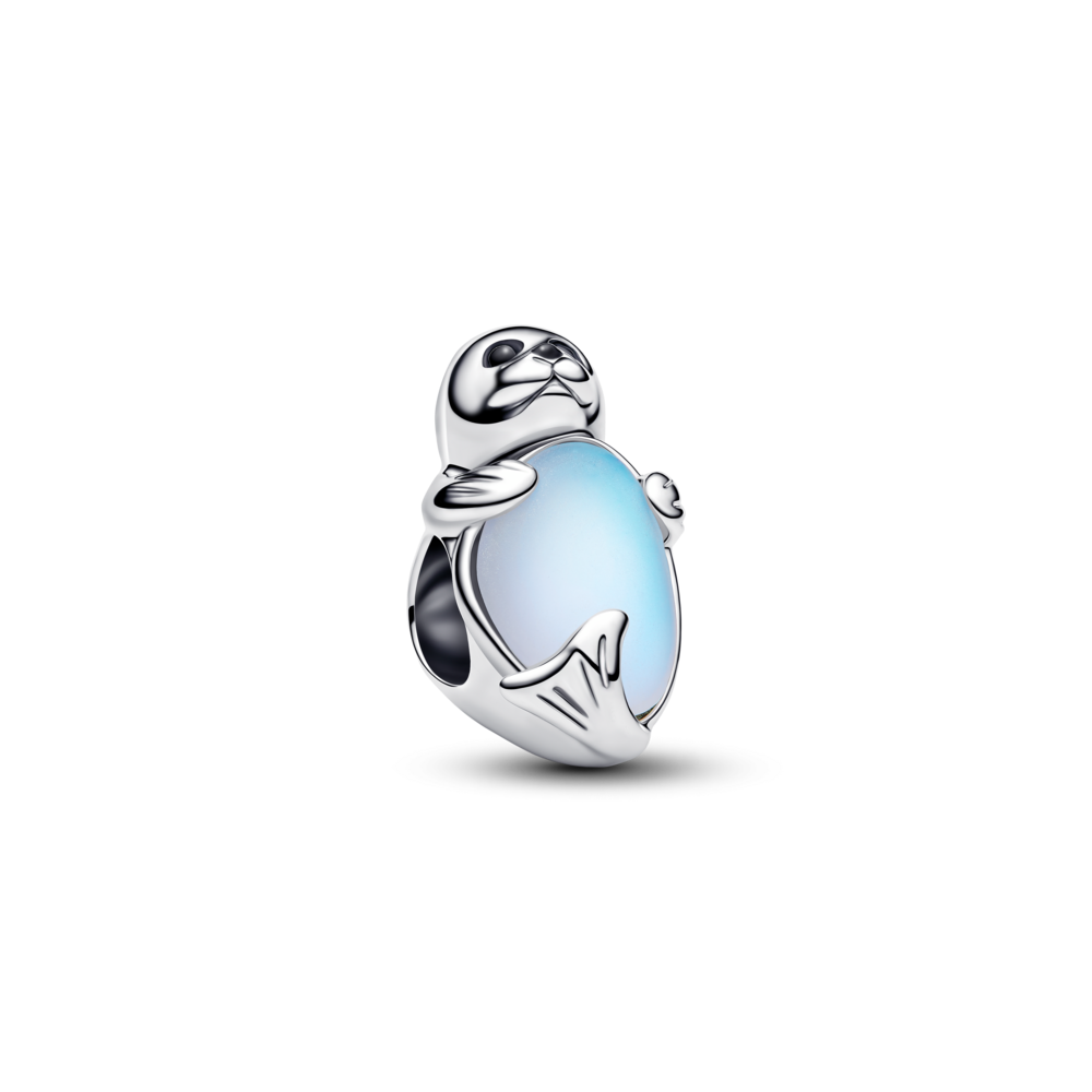 Seal sterling silver charm with black crystal, black enamel and moonstone iridescent glass
