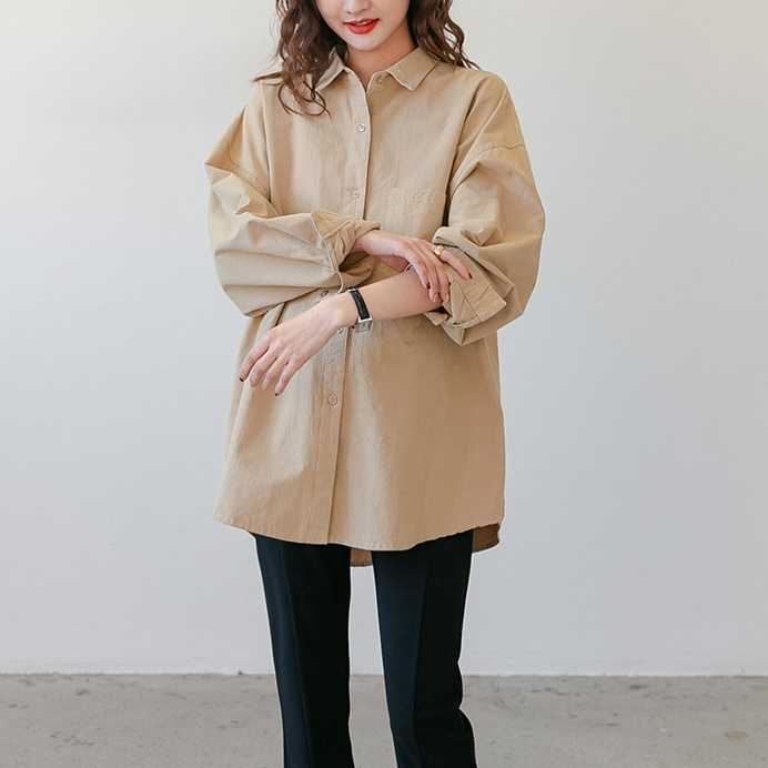 เชิ้ตทรง oversize แบบเรียบเก๋น่ารักมากๆหยิบใส่ได้ตลอด ผ้ายับยากรีดง่าย - สีเบจ