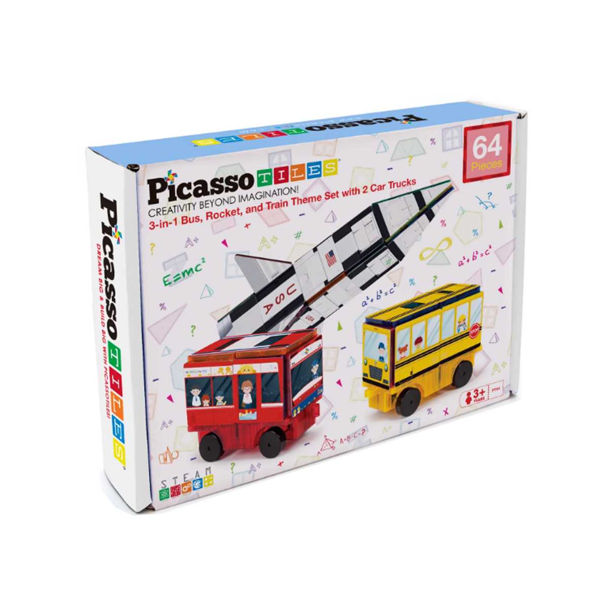 PicassoTiles 64 Pc 3 in 1 Rocket, Train, and Bus with Stick on Designs