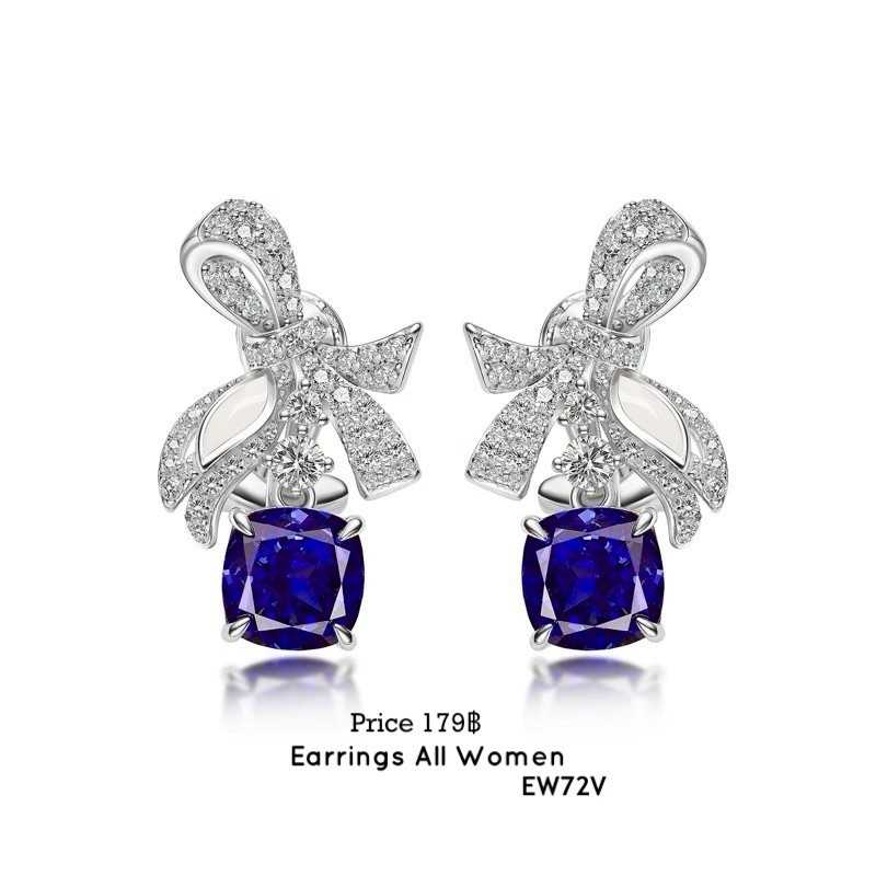 EW72V ต่างหูโบว์ สีน้ำเงิน เครื่องประดับผู้หญิง ต่างหูออกงาน เงิน 925