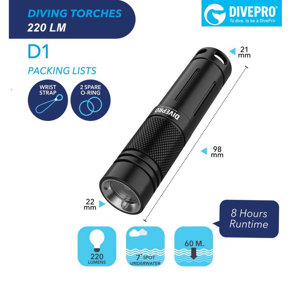 ไฟฉายดำน้ำลึก สว่าง 220 LM (DivePro) (NIGHT DIVE TORCH)