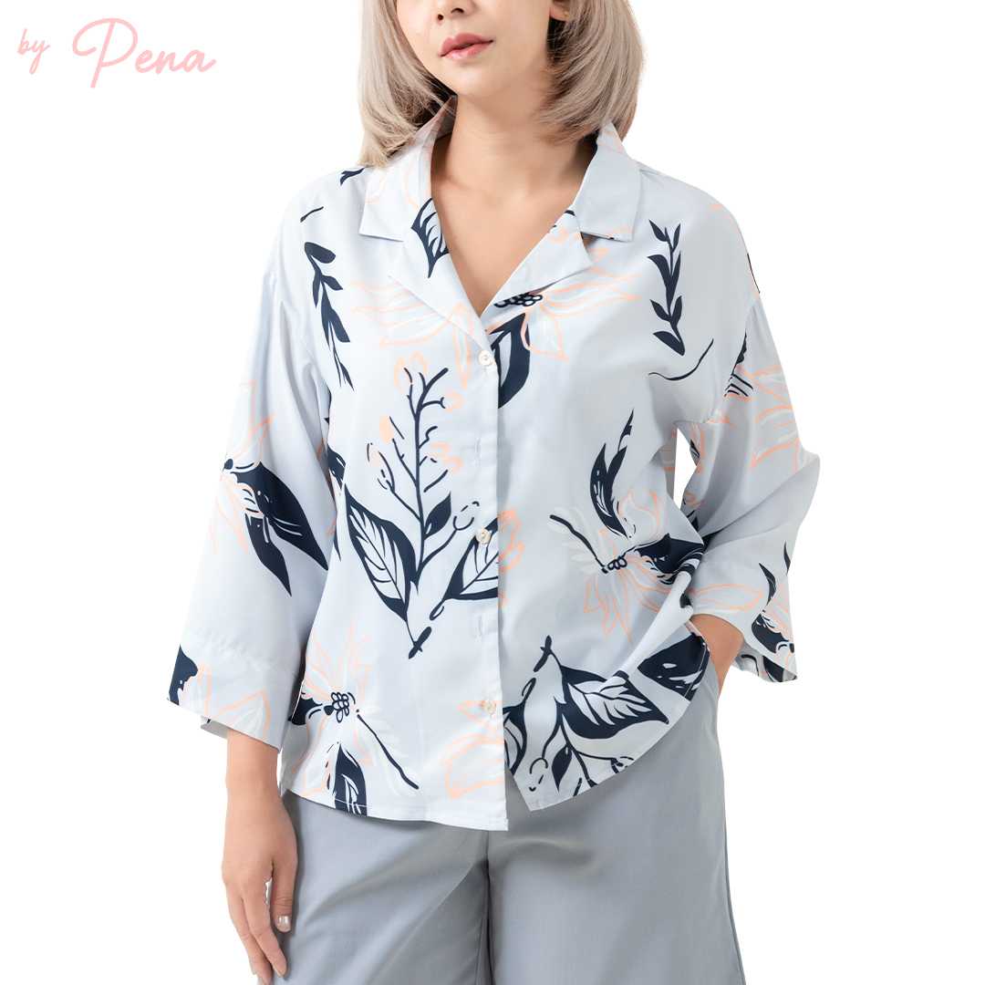 By Pena เสื้อเชิ๊ต คอฮาวายสำหรับผู้หญิง แขนสามส่วน BPSL072402