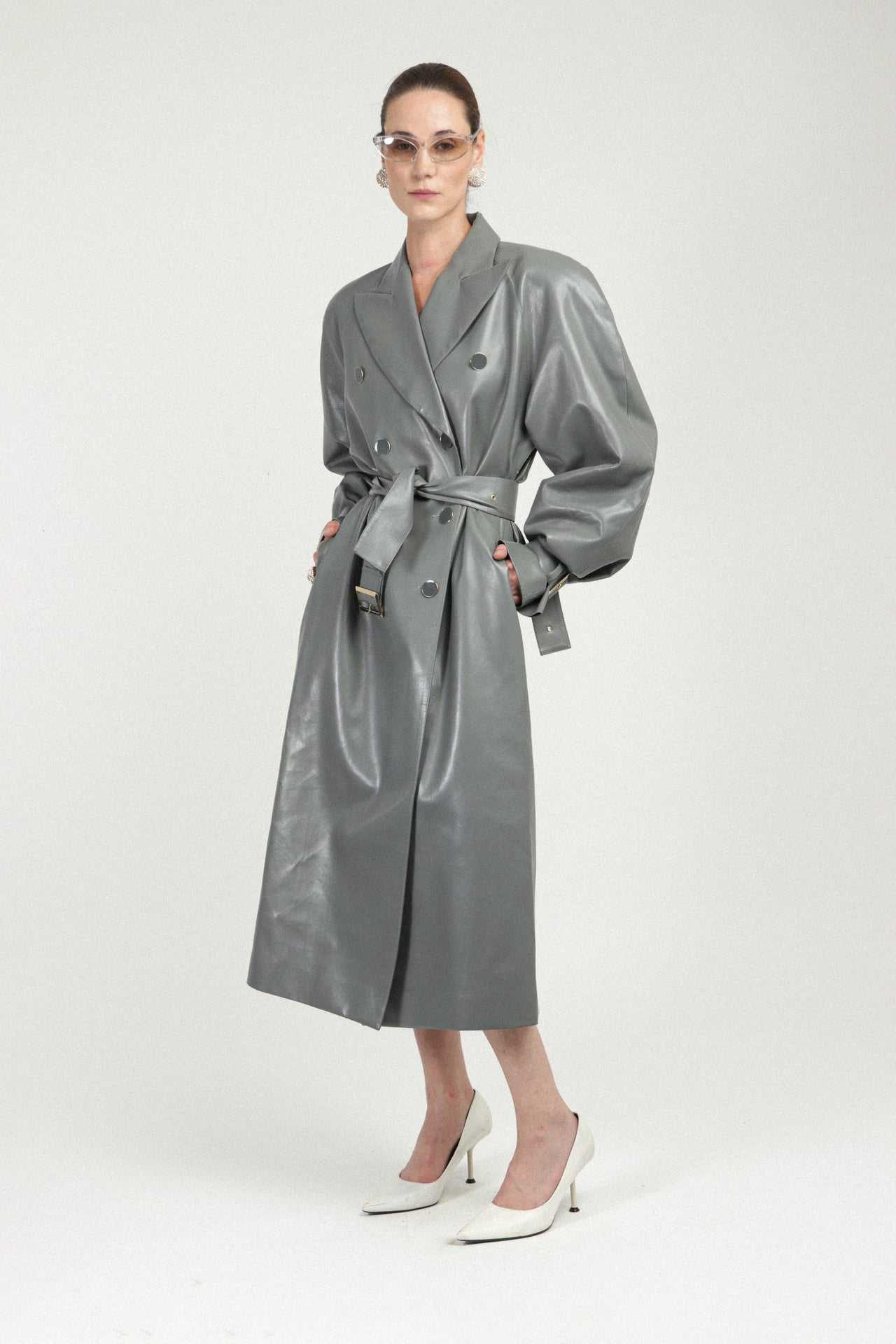 ROWEN ROSE ECO LEATHER SIGNATURE TRENCHCOAT - GREY