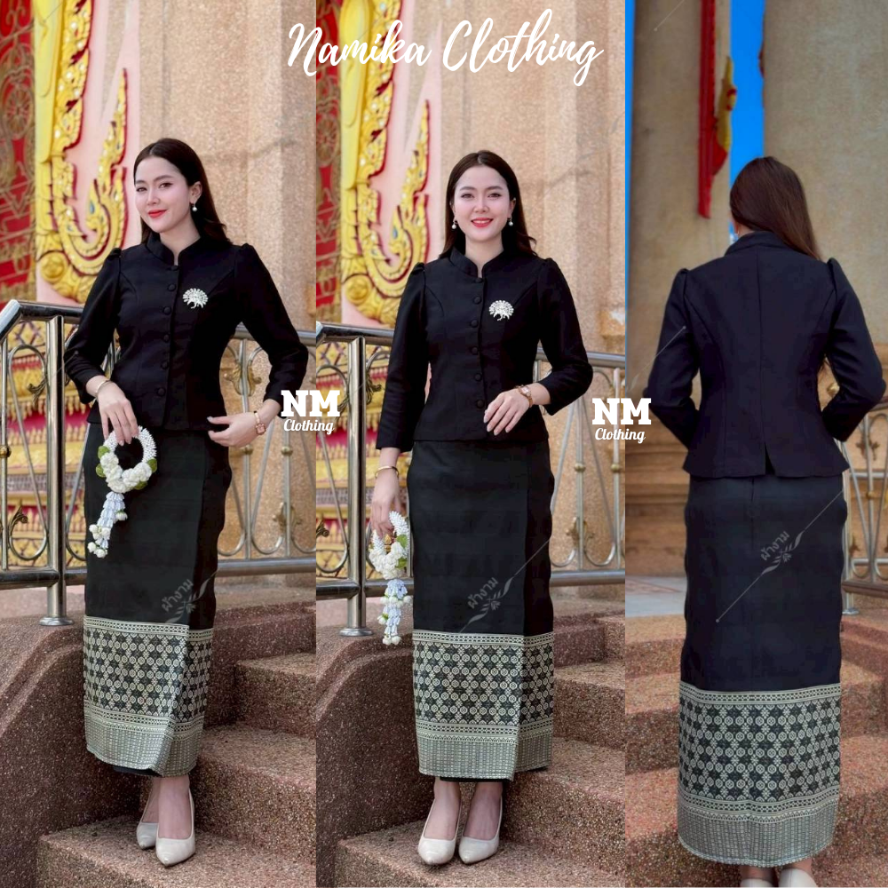 ผ้าถุงลายไทยประยุกต์ เนื้อผ้าฝ้ายทอลาย อัดกาว งานป้ายสำเร็จ ซิปซ่อนหลัง ใส่แล้วพรางหุ่นสวยมาก