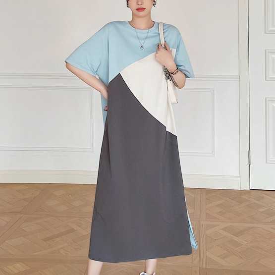 (ไซส์ใหญ่) เดรสยาวแบบ triple colors ตัด3สีสวยๆแบบเก๋สไตล์น่ารักน่าใส่มากๆ