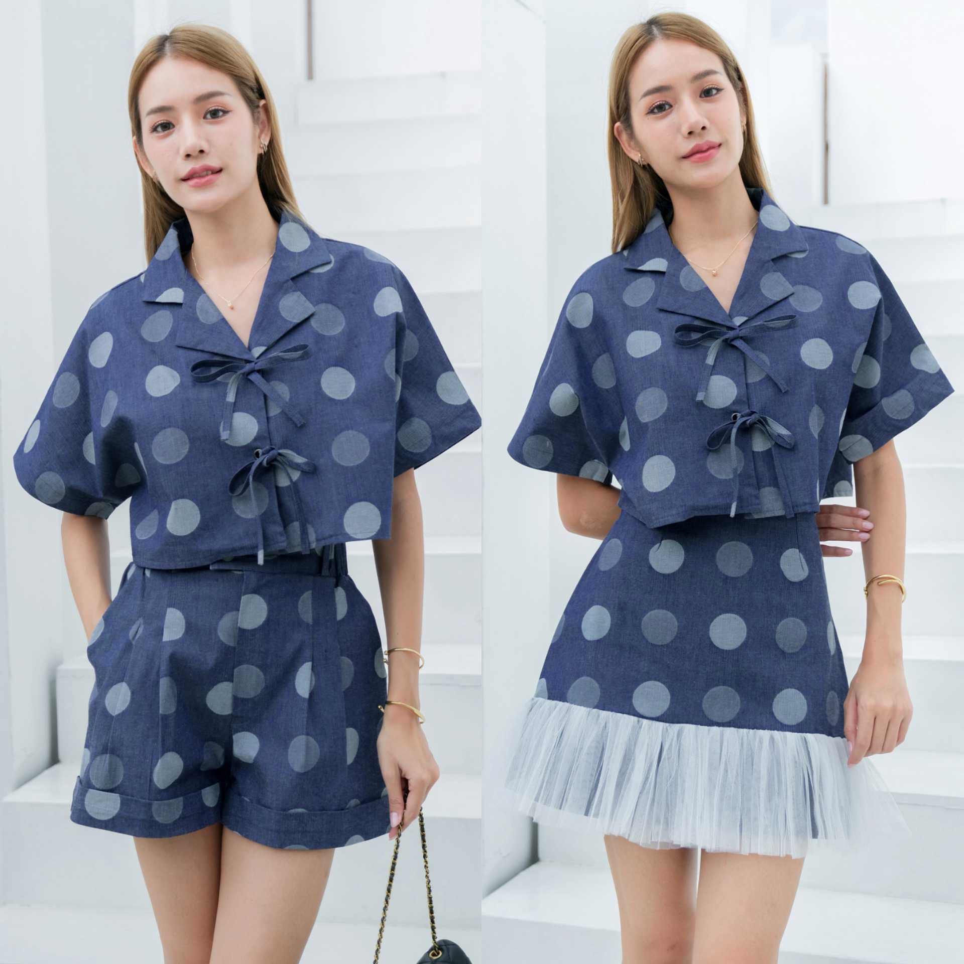 (พร้อมส่ง) Maria Polka Dot Jean Set