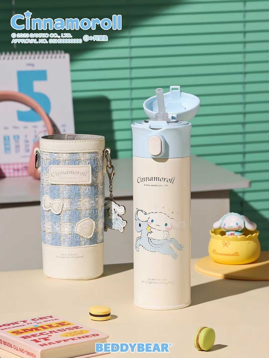 BeddyBearXCinnamoroll กระติกน้ำสูญญากาศสแตนเลส ฝาหลอดดูด พร้อมกระเป๋าสะพาย BBA001B-008CR