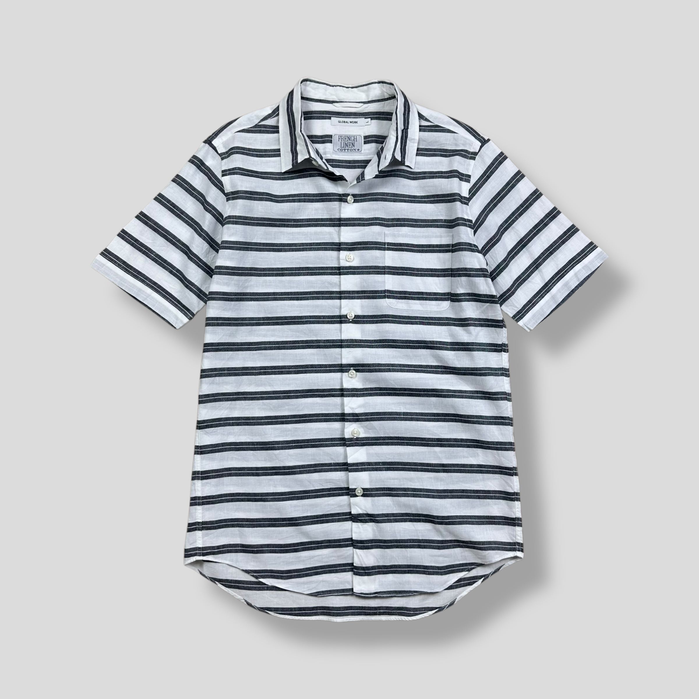 GLOBAL WORK FRENCH LINEN STRIPED SHORT SLEEVE POCKET SHIRT 