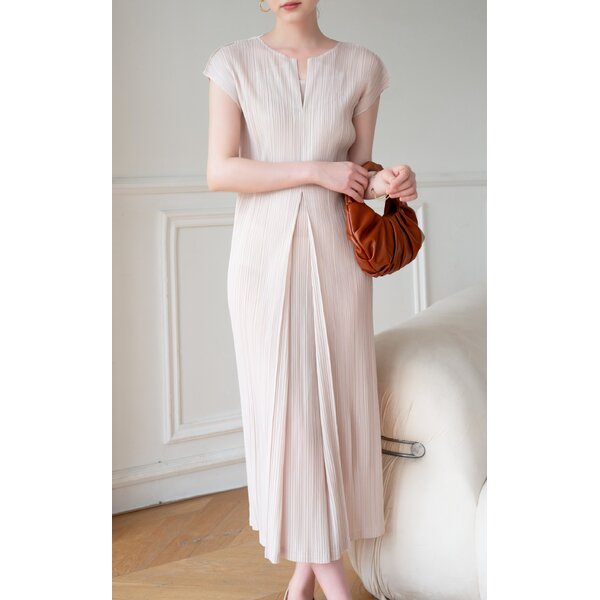2MUAY รุ่น GJO1530 เดรสพลีทคุณภาพ OPEN NECK CAP SLEEVE PLEATED DRESS 10 สี FREE SIZE