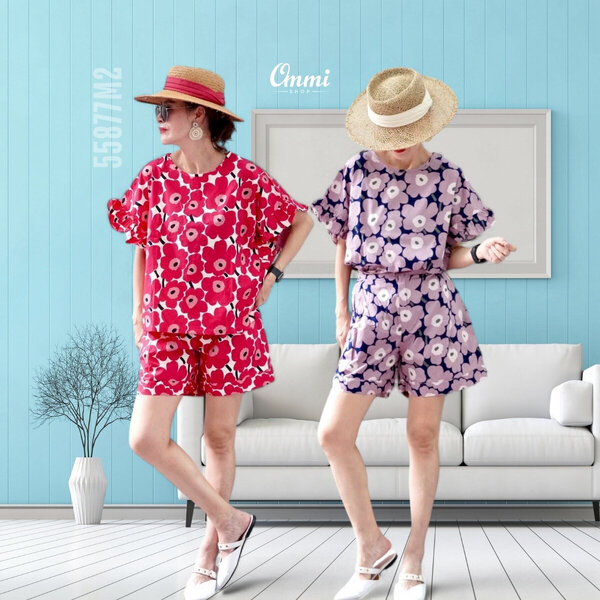Ommishop 55877M2 ชุดเซ็ท เสื้อคอกลมแขนแต่งระบาย และกางเกงขาสั้น ลายดอก Mari มารีเมกโกะ Cotton Jap...