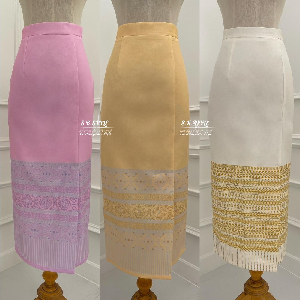ผ้าถุง สีพาสเทล ผ้าถุงสำเร็จ เนื้อผ้าไหมญี่ปุ่นพิมพ์ลาย ซิปซ่อนหลัง อัดกาวทั้งชุด