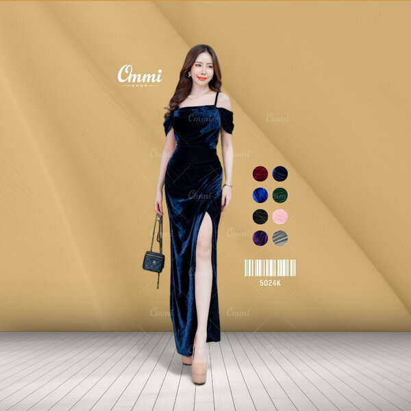 Ommishop ชุดราตรี 5024K สายเดี่ยวคอถ่วง กำมะหยี่ เดรสออกงาน ชุดงานแต่ง เพื่อนเจ้าสาว