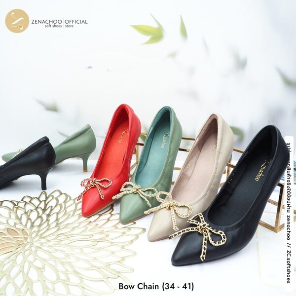 ทรงปกติ เปลี่ยนไซส์ได้-ไม่รับคืน ทรงที่ขายดีที่สุด Zenachoo รุ่น Bow Chain สูง 2 นิ้ว รองเท้าหนัง...