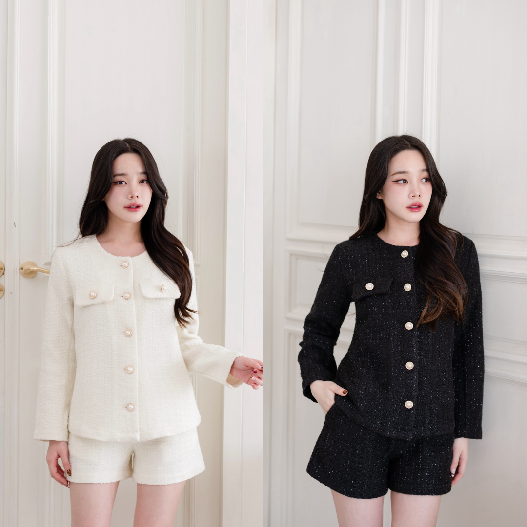 Pirunya - Tweed Blazer 02 เสื้อสูท เบลเซอร์ ผ้าทวีต คอกลม กระดุมมุก แขนยาว