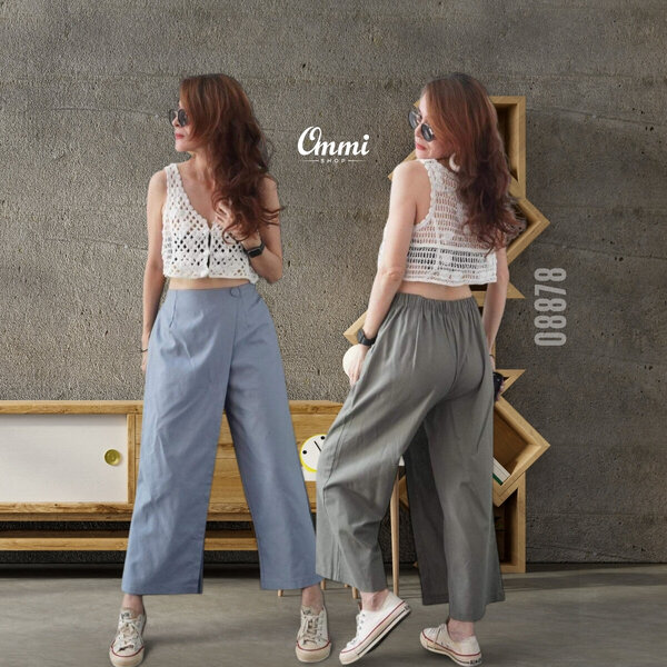 Ommishop 08878 กางเกงแฟชั่น เนื้อผ้าลินิน ทรงขากระบอกยาว9ส่วน แต่งแถบป้ายด้านข้าง (PUP)