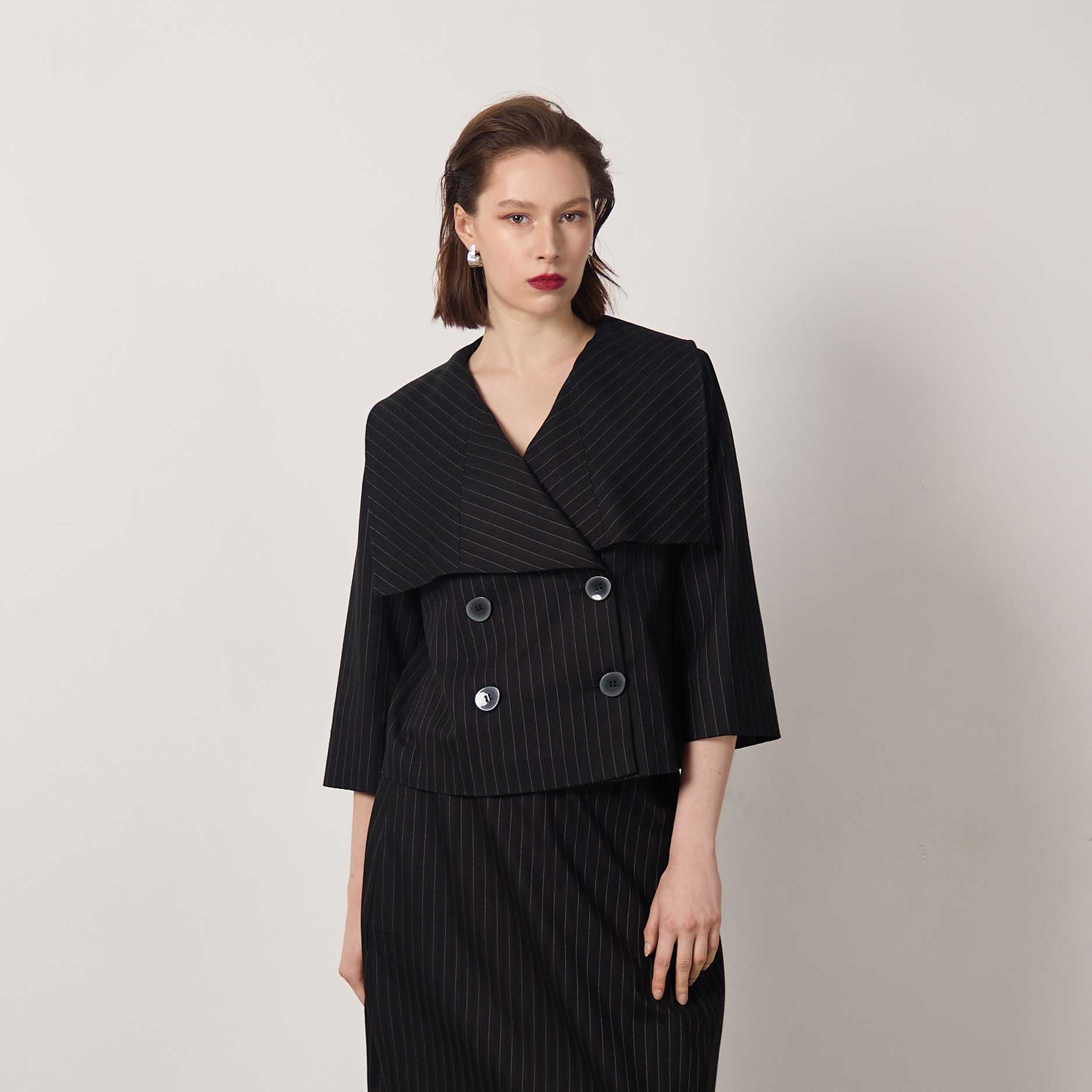 CKB PINSTRIPE WRAP-COLLAR JACKET