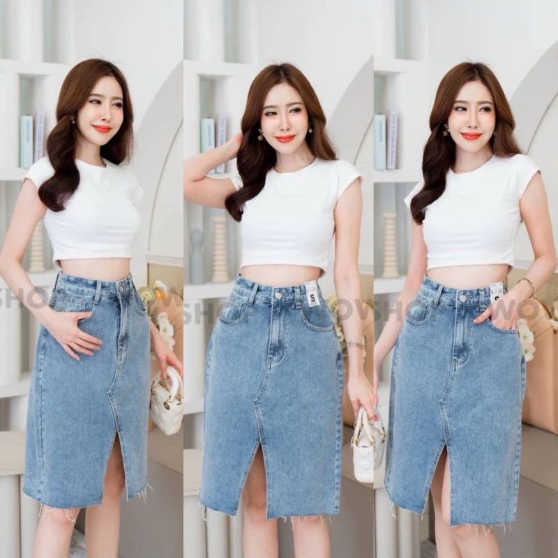 กระโปรงยีนส์ ผ่าหน้า ผ้าไม่ยืด สีฟอกสวยเกร๋ ปลายกระโปรงตัดแต่งขาดรุ่ย #WW932