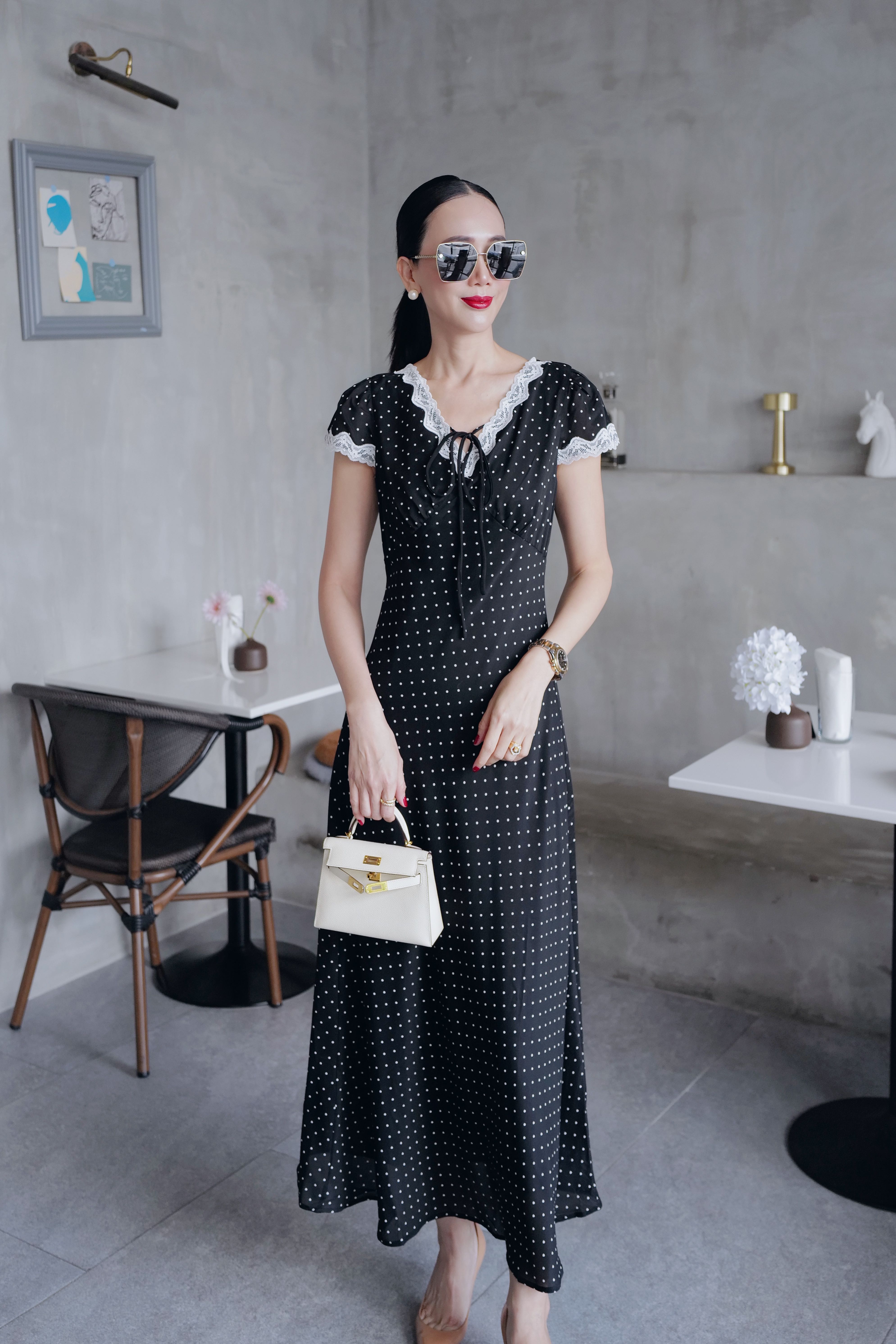 📌พร้อมส่ง…POKADOT BLACK CHIFFON DRESS 