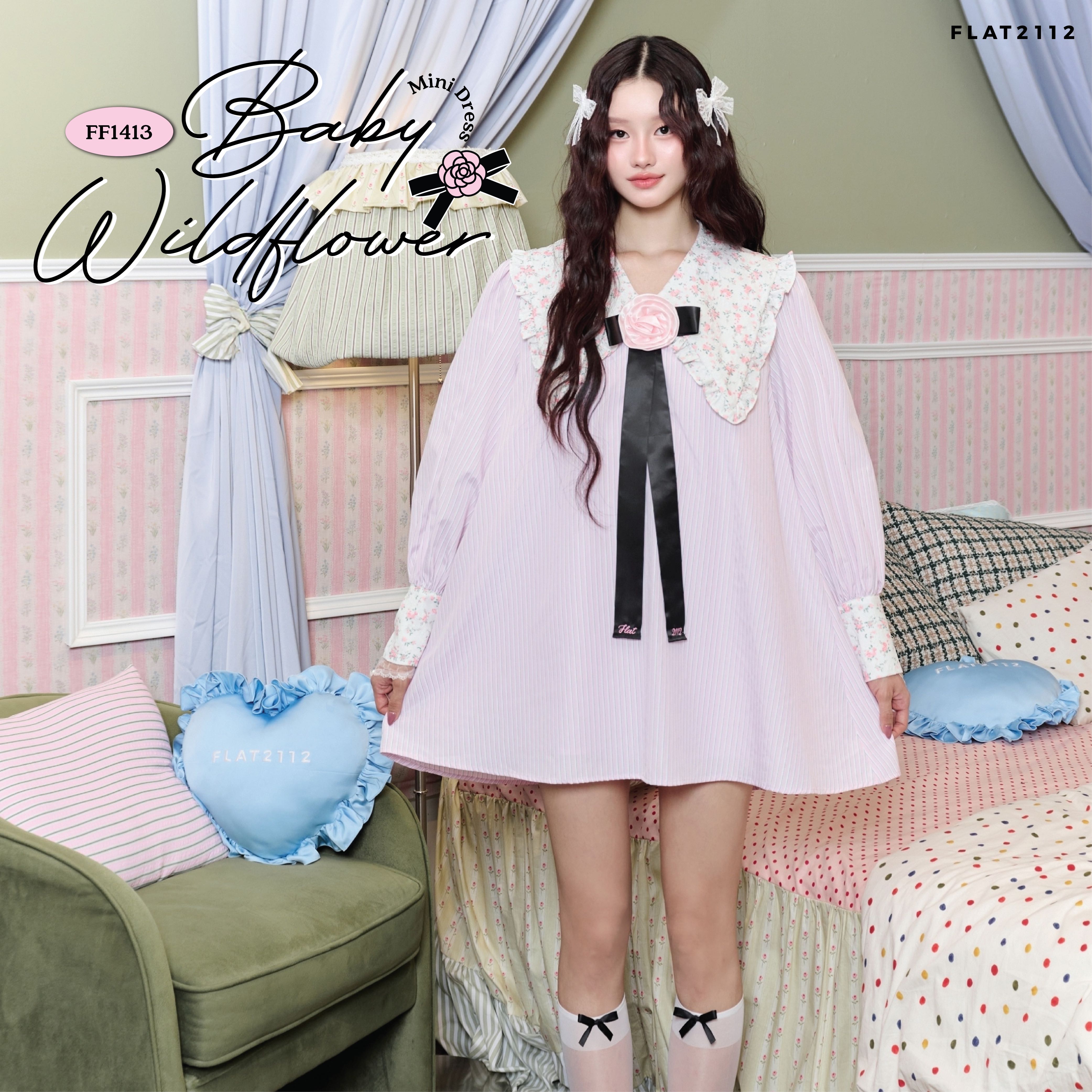 FLAT2112 : BABY WILDFLOWER MINI DRESS เดรสสั้นชมพูพาสเทล คอปกลูกคุณหนูหวาน (FF1413)