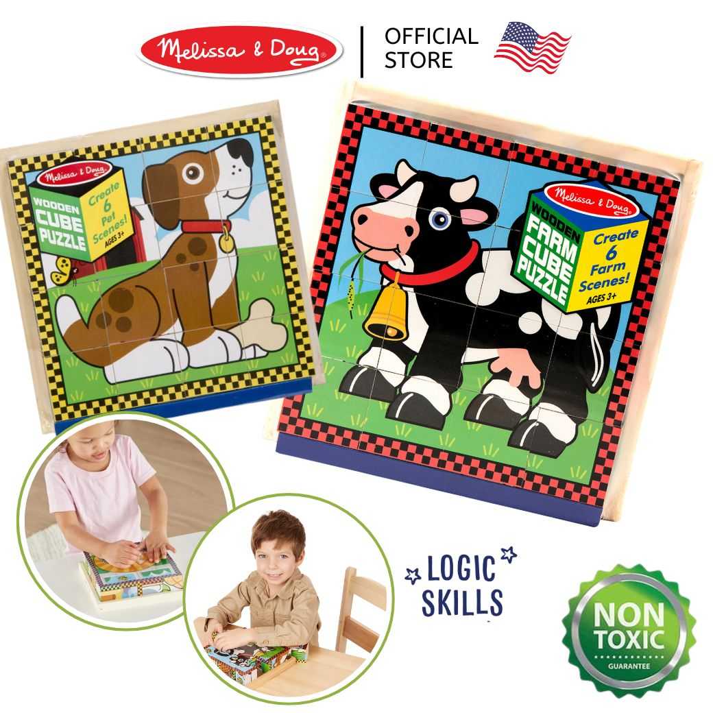 (ของแท้ USA) สุดคุ้ม! จิ๊กซอว์ไม้ 6 ภาพใน 1 ชุด Wooden Cube Puzzle Melissa & Doug จิ๊กซอว์เด็ก 775