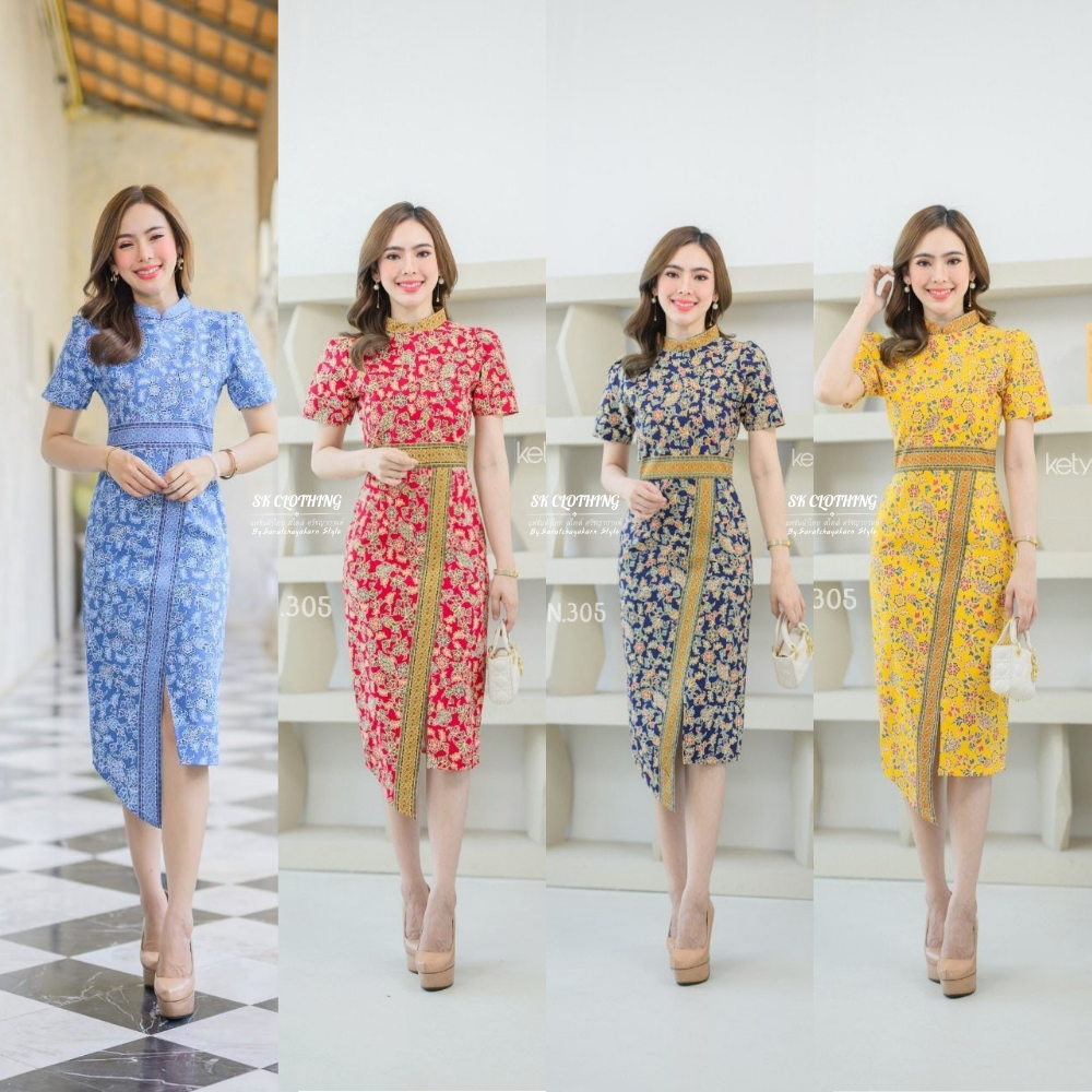 ชุดเดรสผ้า cotton พิมลายปาเต๊ะ สิงค์โปรแอร์ไลน์ คอจีน ผ่าหน้า ยาว 42 นิ้ว งานเข้ารูปเข้าทรง สวยมาก