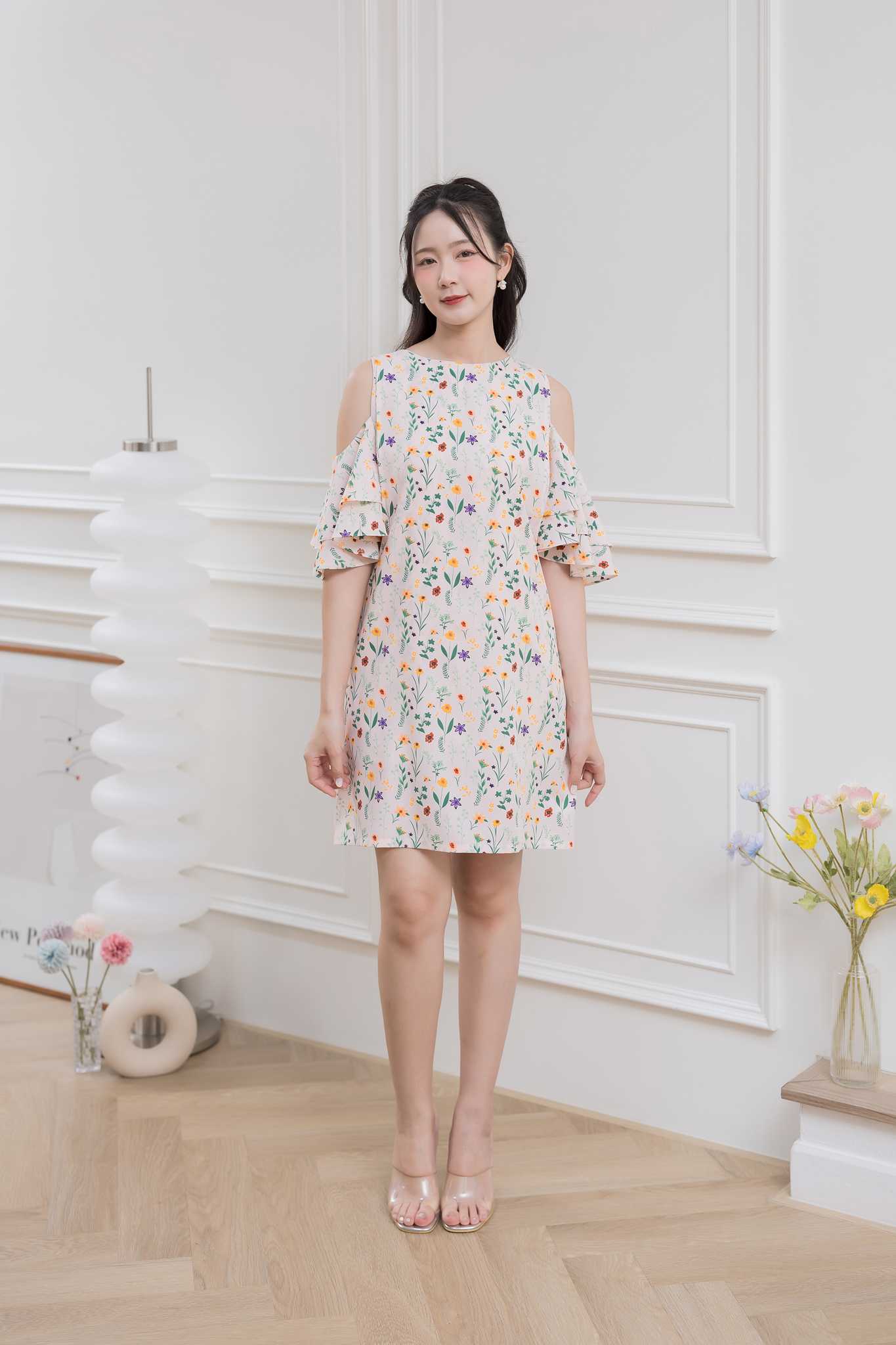 ชุดให้นม Pink floral  shoulder dress