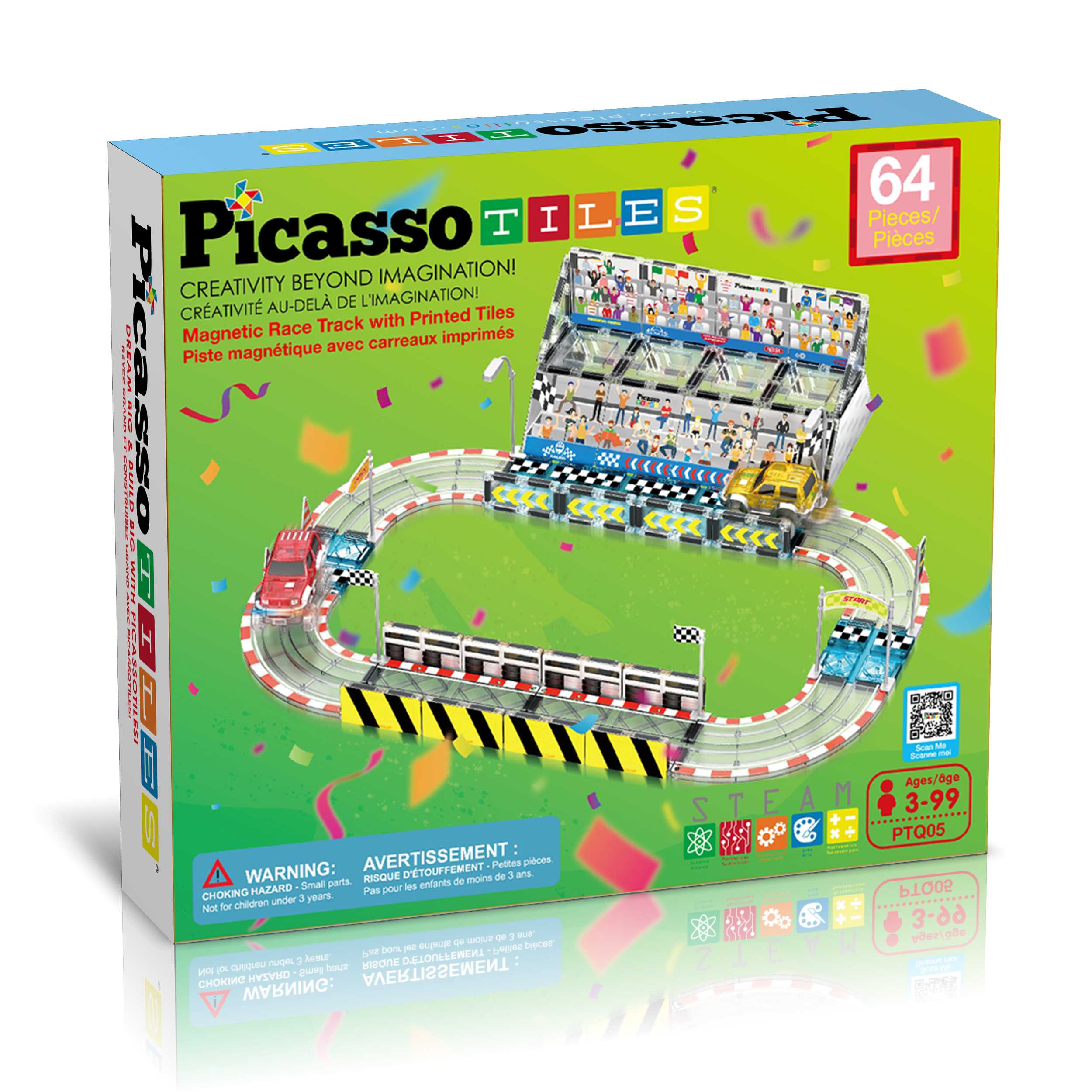 PicassoTiles 64 Pc Magnetic Racetrack Stadium Construction with trucks and accessories