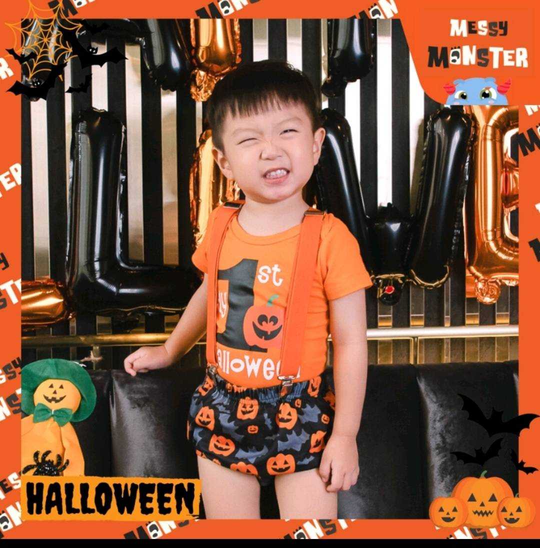 ชุดเซ็ตเสื้อบอดี้สูท เอี๊ยมเด็ก 2 ชิ้น ธีมฮาโลวีนสุดคิ้วท์