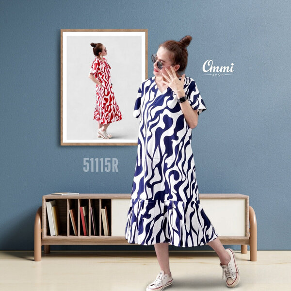 Ommishop 51115R ชุดเดรสแฟชั่น คอวี แต่งชายระบาย ลายริ้ว Cotton Japan 100% (Bonus)[51115]