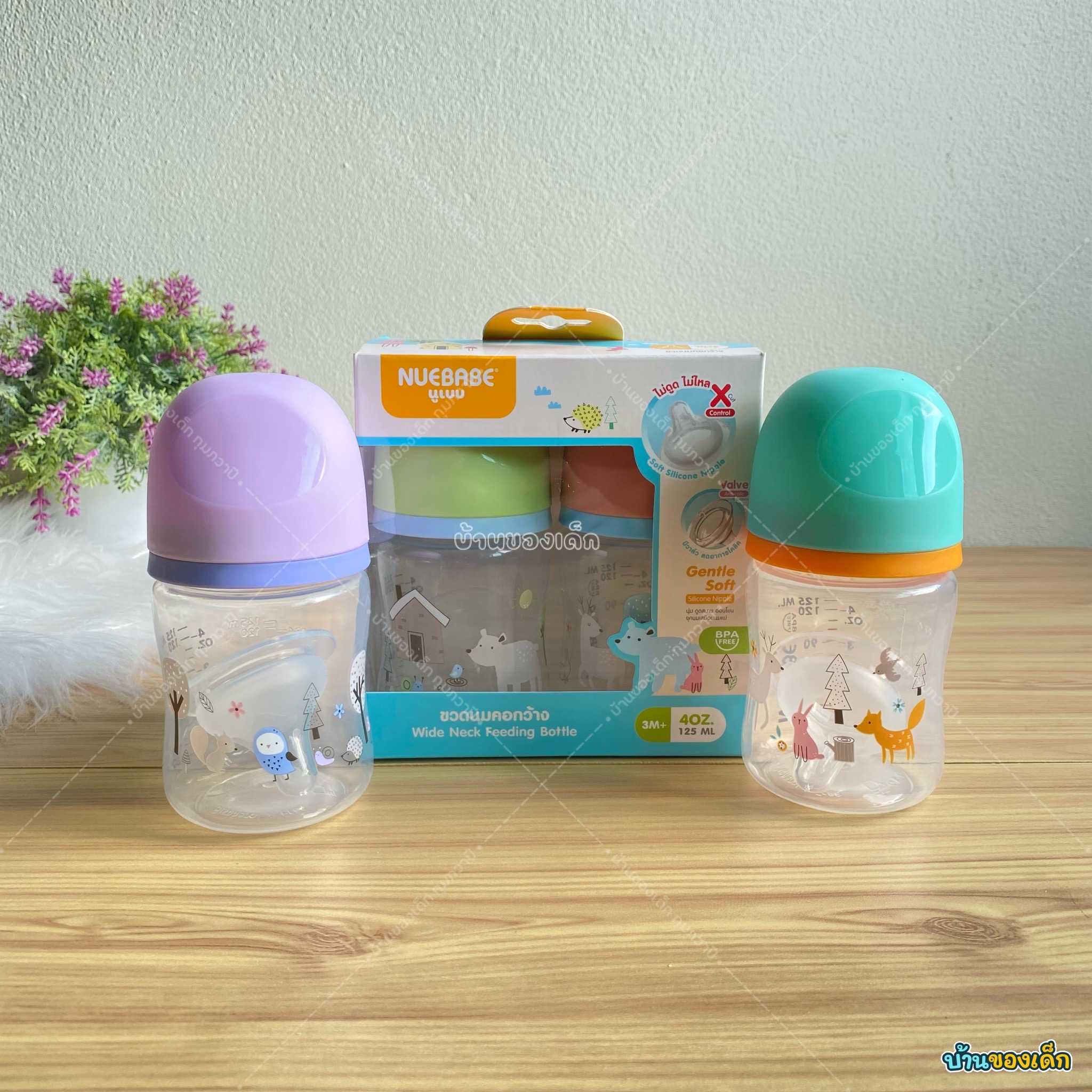 Nuebabe ขวดนมคอกว้าง PP พร้อมจุกนม ไม่ดูดไม่ไหล ขนาด 4 ออนซ์ (แพค 2 ขวด) รุ่น AA0023