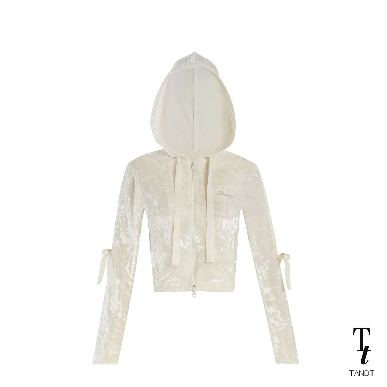 TandT - OLIVER WHITE JACKET - CRYSTAL EMBELLISHED LONG SLEEVE VELVET HOODED JACKET