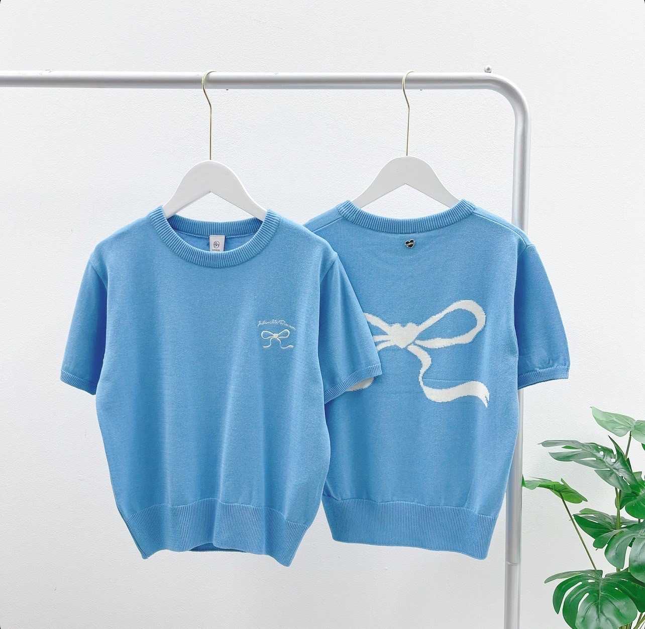 Ronron Heart Ribbon Short Sleeve T-shirt (Blue)