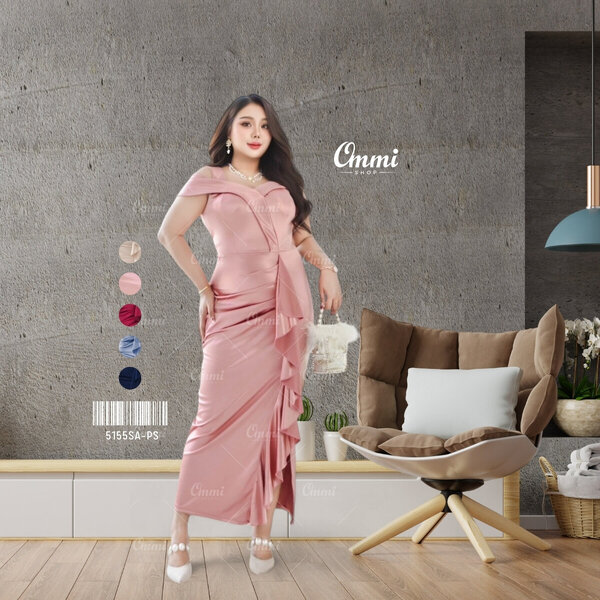 Ommishop ชุดราตรี 5155SA-PS สายสปาปาดวี ผ้าซาติน เดรสออกงาน ชุดงานแต่ง เดรสสาวอวบ Plus Size