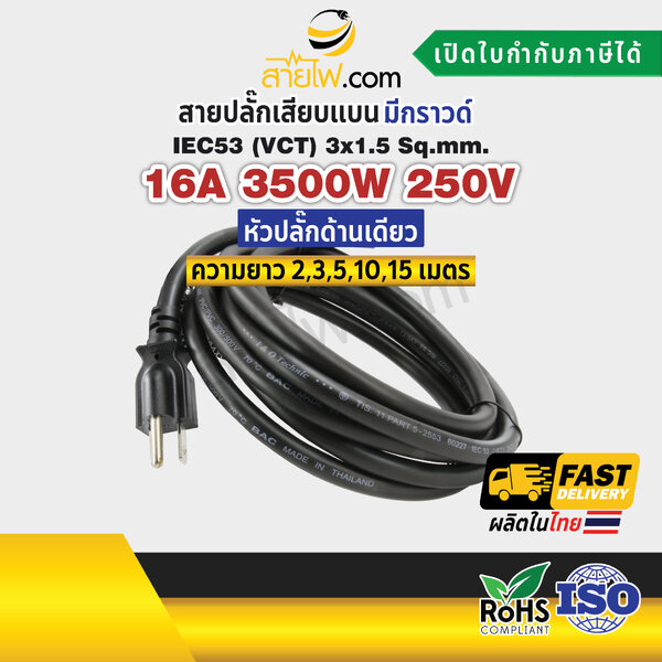 สายไฟพร้อมปลั๊ก สายปลั๊กเสียบแบน มีกราวด์ IEC53(VCT) 3x1.5 sqmm.(หัวปลั๊กด้านเดียว)