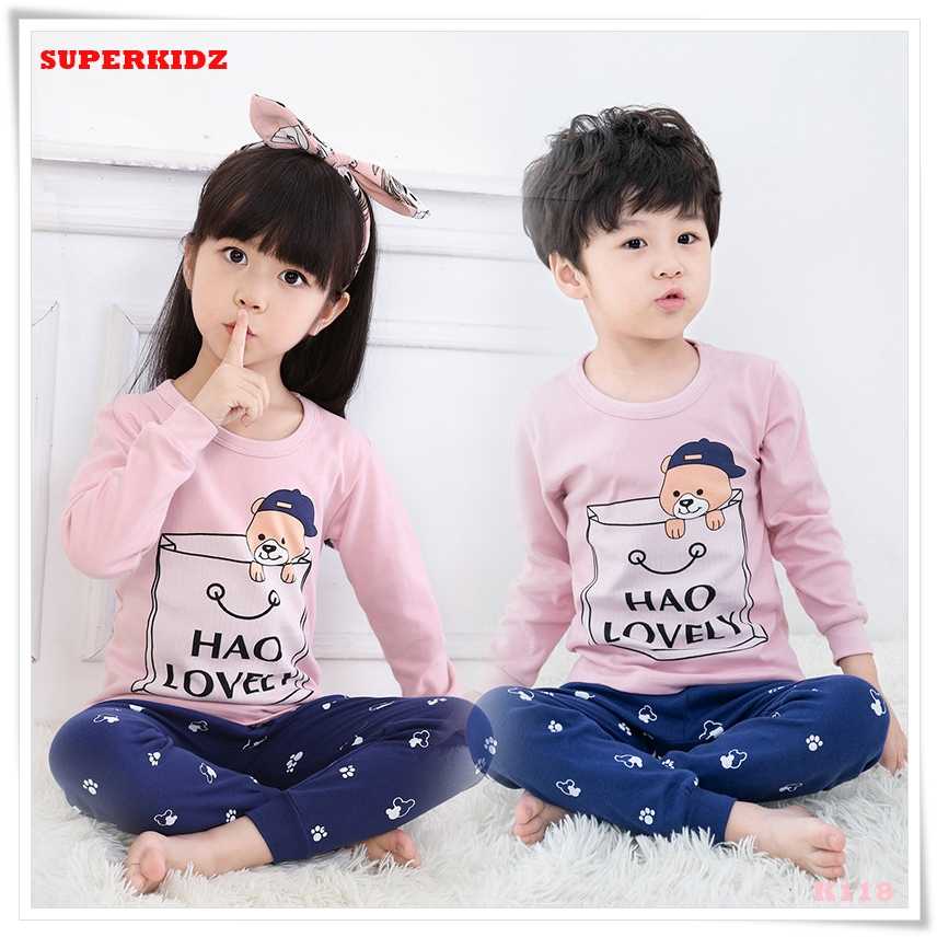 K118 ชุดนอนเด็ก ชุดนอนเด็กผู้หญิง ชุดนอนเด็กลายหมีชมพู ผ้านิ่มใส่สบาย 100% COTTON  By Superkidz